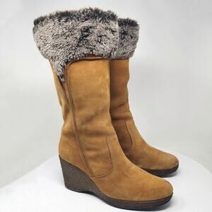 Timberland Monogram Tall Boot Women 8M Tan Wheat Suede Faux Fur Trim Wedge 86334
